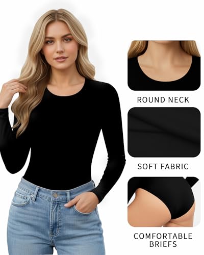 MANGOPOP Round Neck Short Sleeve Long Sleeve Bodysuits for Women Basic Body Suit Shirts Tops