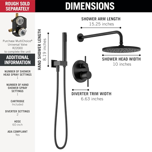 Image of Delta Modern 14 Series Round Rain Shower System Faucet Set, Rainfall Matte Black Shower Head and Handle Set, Valve Trim Kit, 10 Inch, Matte Black T342702-BL (Valve Not Included)
