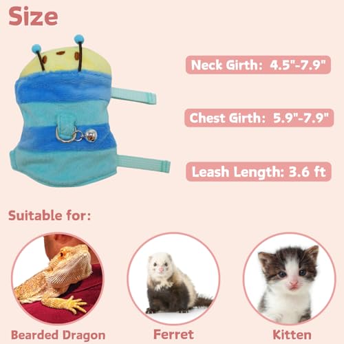 Image of Ferret Harness and Leash Set - Small Animal Soft Fleece Vest with Safe Bell Halloween Outfit Adjustable Traction Rope Outdoor Walking Training Leash for Ferret Rat Bearded Dragon Kitten (Blue)