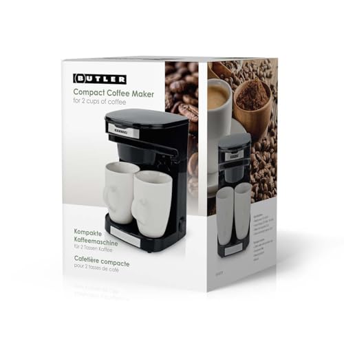 Butler Cafetière compacte - 2 tasses en porcelain - 0,25 L - 450 W - économique en énergie - arrêt automatique - filtre en nylon réutilisable - optimale pour camping-car - maison de vacances