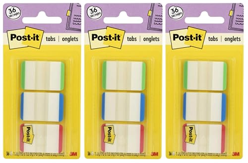 Post-it Tabs with On-The-Go Dispenser, 1-Inch Lined, Green, Blue, and Red, 12-Tabs/Color, 108 tabs/Dispenser
