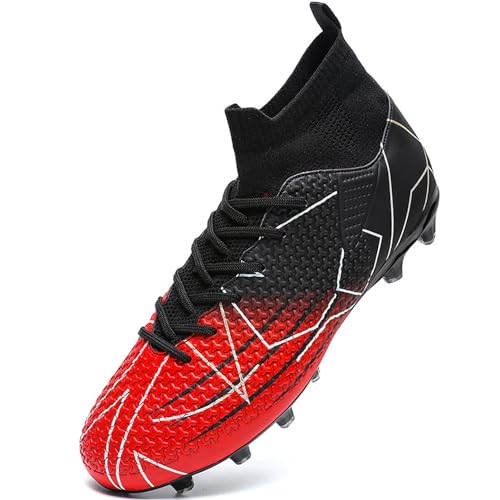 VTASQ Boys' Football Boots Kids Turf Football Shoes Professional Teenager Athletics Sneakers Outdoor Non-Slip Training Soccer Shoes High Top Football Shoes Spikes Black Red 4UK