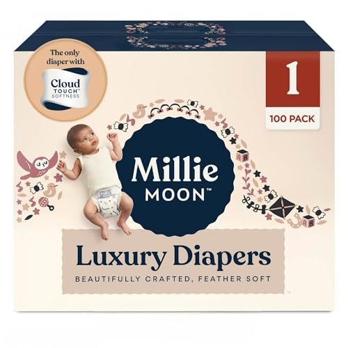 Millie Moon Luxury Diapers, CloudTouch Softness, 12-Hour Leak Protection, Hypoallergenic for Sensitive Skin (1-100ct)