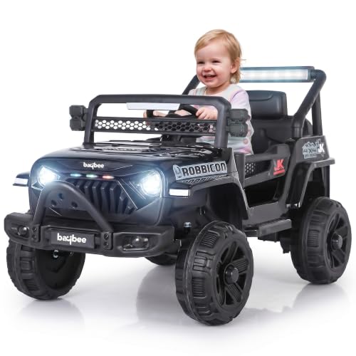 Baybee Turbo Battery Operated Ride On Car for Kids 27 Years | Electric Jeep with LED Lights Music USB/AUX Swing Mode & Dual Motor | Rechargeable Children Car with Seat Belt Boys and Girls - Black