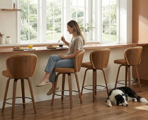 Image of HNY Swivel Counter Height Bar Stools Set of 4, 26 Inch Barstools with Wanlut Wooden Leg and Back, Faux Leather Upholstered Counter Stools for Kitchen Island, Brown