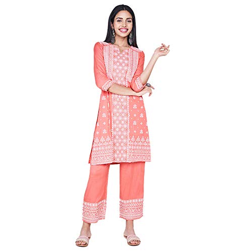 Image of global desi Womens Notched Neck Printed Kurta And Pants Set