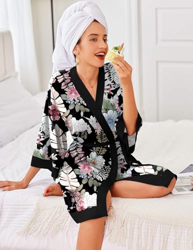 Image of Ekouaer Robes for Women Knee Length Bathrobe Lightweight Kimono Robe 3 /4 Sleeve Knit Sleepwear with Pockets