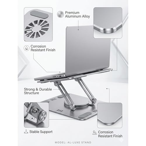 Image of COOLCOLD Laptop Stand with Detachable Magnetic Dual Cooling Fans, 360 Rotating Base, Adjustable Height & Angle, Foldable Ergonomic Laptop Holder for MacBook, HP, Dell, Lenovo (Grey)