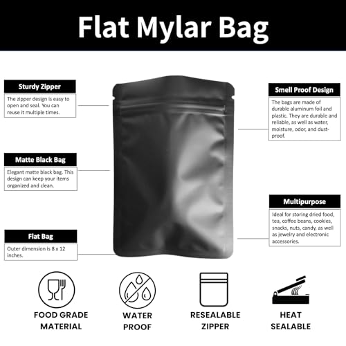 Chamigon 50 Pack Matte Black Mylar Flat Food Storage Bags - 5.1mil 8x12 Inches Smell Proof Resealable Pouch Bag, Sealable Foil Packaging Zipper Pouches — view 5