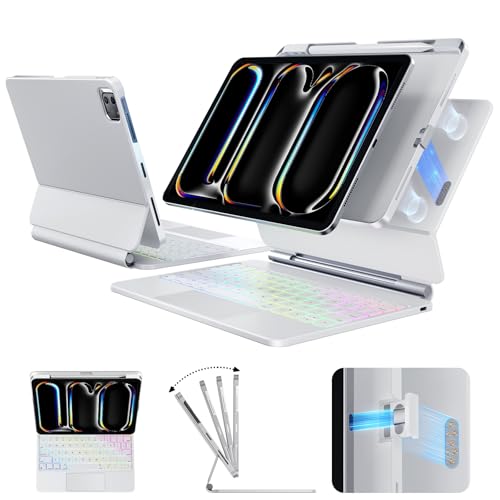 Landcase Keyboard Case for iPad Pro 11 Inch (M5/M4 2025/2024) Detachable Keyboard for ipad with Smart Contact Connector Multi-Touch Trackpad 7-Color Backlit Keyboard with Magnetic Stand White