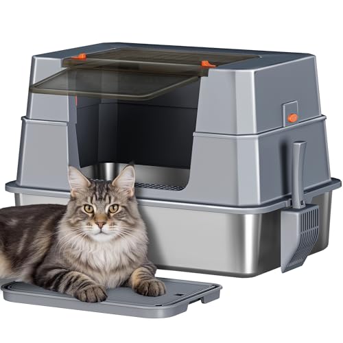 Fobyfurny Edelstahl Katzenklo mit Deckel, XXXL Geschlossene Metall Katzentoilette, 70 x 50 x 45 cm, 105° Klappbar Deckel, Inklusive Pedal und Schaufel, Leicht zu Reinigen, Modulares Design, Dunkelgrau