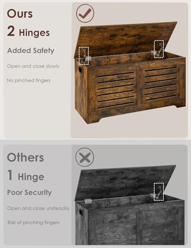DINZI LVJ Storage Chest, 43.3” Wooden Toy Box with 2 Safety Hinges, Retro Entryway Shoe Storage Bench with Flip-Top, Sturdy Large Storage Trunk for Living Room, Bedroom, Easy Assembly, Rustic Brown - Image 3