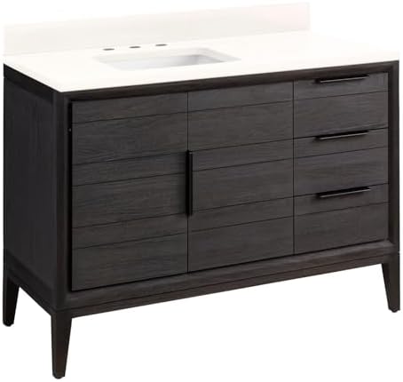 Signature Hardware 955075-48-RUMB Aliso 48" Single Vanity Set with Teak Cabinet, Quartz Vanity Top, and Rectangular Sink - 1-1/2" Faucet Holes - Charred Timber Black/Arctic White