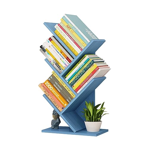 Modern Tree Bookshelf 4 Tier Standing Storage Rack for Living Room Home Office Blue Oak Wood Finish Holds up to 8Kg Desktop or Floor Display Shelf for Bedroom or Kitchen