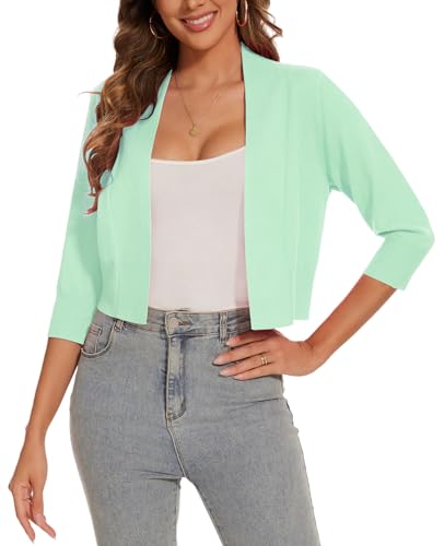 Image of Women 3 /4 Sleeve Cropped Cardigan Lightweight Casual Open Front Bolero Shrug Sweaters