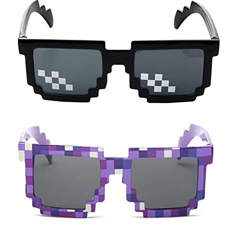 2 pcs Thug Life Sunglasses Mosaic Pixel Sunglasses Adult Kids Party Favors(Purple,Black)2