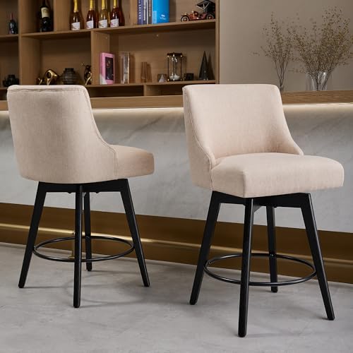 Image of Swivel Counter Height Bar Stools Set of 2, Modern Fabric Swivel Barstools with Contoured Back and Solid Wood Legs, Upholstered Counter Stool Bar Chairs for Kitchen Island, Home Bar, Beige