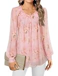 Gemulate Chiffon Tops for Women UK Ladies Tops Long Sleeve Tunic Tops Dressy Chiffon Blouses Crew Neck Evening Top for Women UK Elegant Double Layers Mesh T Shirts Pink Floral L