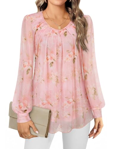 Gemulate Pink Tops for Women UK Chiffon Blouses for Women UK Long Dressy Top Ladies Tops Flowy Evening top Crew Neck Chiffon Tunic Double Layers Mesh T Shirts Pink Floral M