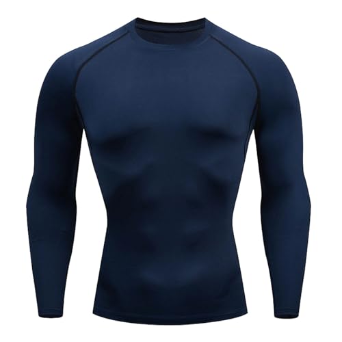 Men's Compression Shirts Long Sleeve Crew Neck Tops Workout Base Layer Undershirt Muscle Slim Fit Top Athletic Tee Navy