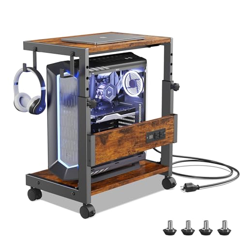 Hovadova Computer Tower Stand with Charge Station and USB Charging Port - Height Adjustable PC Tower Stand, Under Desk CPU Holder Cart with Locking Caster Wheels for Fits Most PC