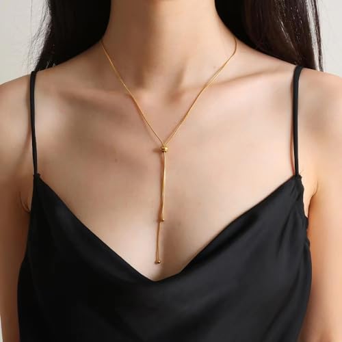 18K Gold Plated Bead Choker Necklace for Women,316L Titanium Steel Adjustable Y Necklace Trendy Jewelry Gifts for Women.3