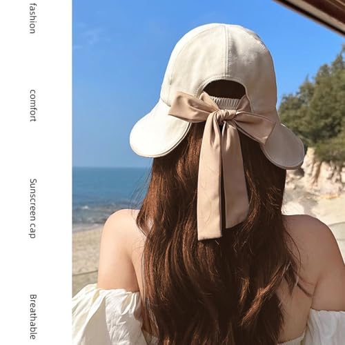 huablo Wide Brim Hats for Woman Foldable Hats Sun Hats for Women uv Protection Bowknot Fishing hat Adjustable hat with Ponytail Hole Beige - Image 4
