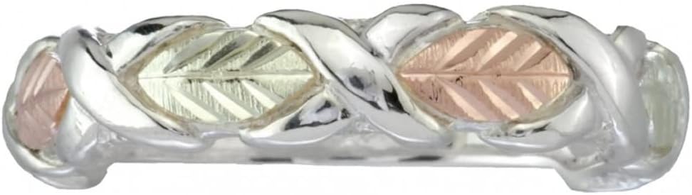 Grape Leaf Hugs and Kisses X 4.32mm Band, Sterling Silver, 12k Green and Rose Black Hills Gold