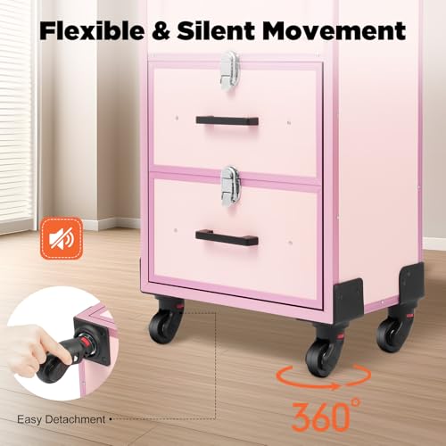Image of Makeup Train Case, Professional Cosmetics Rolling Organizer, Rolling Makeup Trolley Case, Nail Polish Organizer, Jewelry Travel Cosmetic Train Case with 4 Wheels & 2 Keys (Pink) (B0H1QJSTTR)