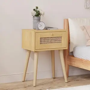 Amazon Brand - Umi Bedside Table with Rattan Openable Door for Bedroom End Table Sofa Side Table Nightstand Table with Legs for Living Room Office Small Spaces