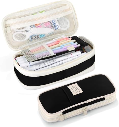 Image of WORSHIPER Big Capacity Pencil Pen Case Bag with Zipper Office College School Storage Large Capacity Bag Pouch Holder Box Organizer Colorful (Special - Creem+Black Colour)