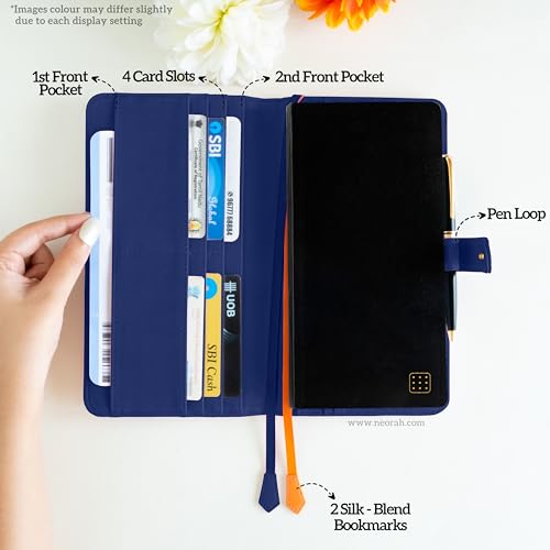 Image of NEORAH-PETITE Notebook SLEEVE with SNAP Button + Dotgrid JOURNAL|Faux Leather Sleeve + Penloop|2Front 1Back compartment|4 CardSlots|2 BookMarks|Gift Box- Fits any PETITE Softcover Notebook- DARK BLUE