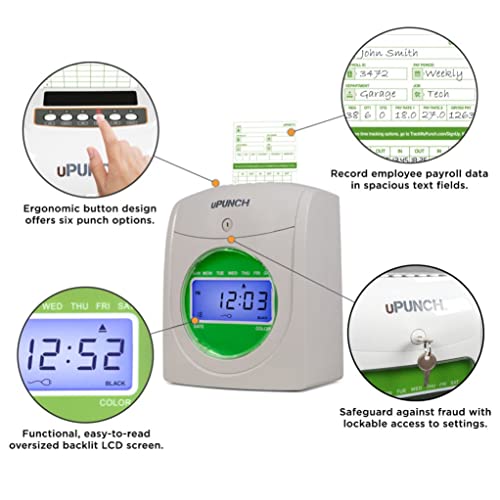 uPunch HN1500 Starter Time Clock Bundle for Small Business: Employee Punch Clock System with 100 Time Cards, Card Rack, and Ribbon