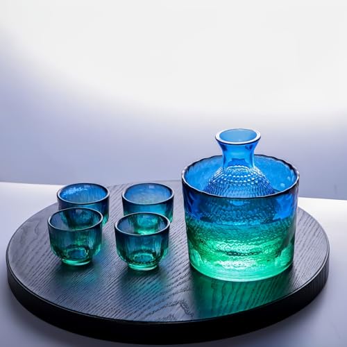 OULOVECO 【6点セット】冷酒器セット 酒器 日本酒 ガラス 槌紋模様 燗器 480ML + コ利 260ML + おちょこ 4 個 冷酒・温酒両用 日本酒 グラス 贈り物 ギフト 引っ越し お祝い 来客 父の日 母の日 結婚祝い 敬老の日