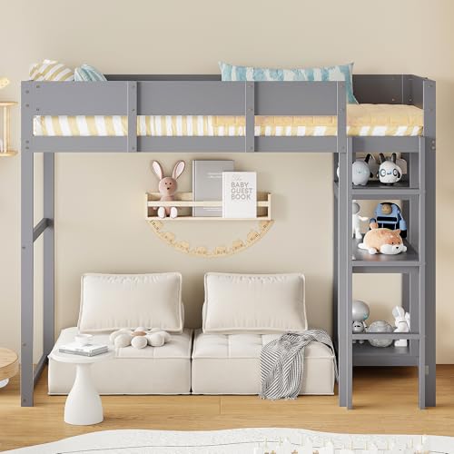 Ball & Cast Loft Bed (90x200cm) mit Lagerregal, Holzerner Bettgestell mit Leiter und Geländer, Einfach und Zeitsparend Montierbar, Stabil & Rauschlos, Grau