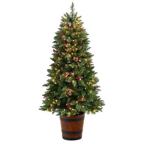 Nearly Natural 5ft. Frosted Colorado Aspen Pre-Lit Artificial Porch Christmas Tree with 200 LED Lights, 426 Bendable Branches and Berries in Decorative Planter by Nearly Natural - Used condition - US$90.84