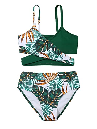 Oyoangle Girl's 2 Piece Tropical Print Wrap Bikini Swimsuit Spaghetti Strap Bathing Suit Green 11-12Y #TOP20