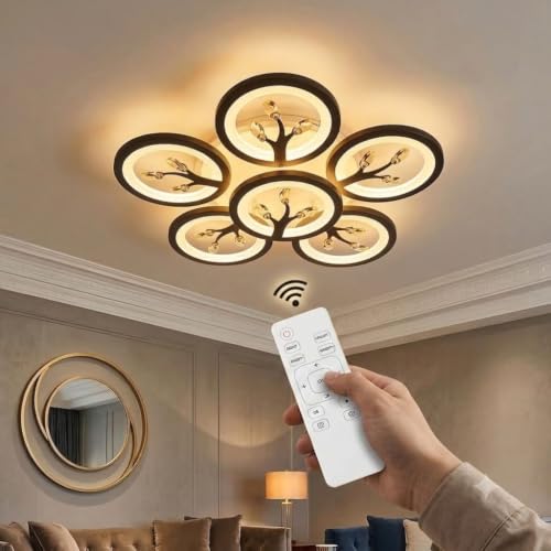Image of 6 Light 60-Watts White Crystal LED Chandelier Lamp - Round (5+1 Circle Warm) with Remote Control