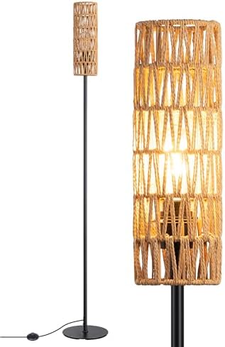 3-Light Rattan Floor Lamp With Shelf - 66" Farmhouse Standing Lamp With Foot Switch For Living Room
