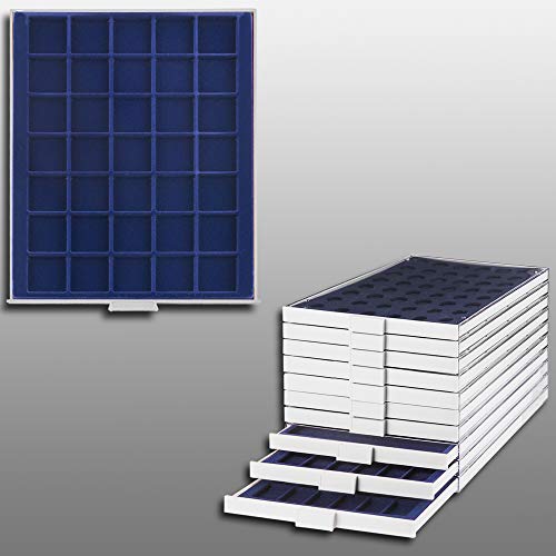 Prophila Coin Box Gray 35 Angular compartments for Coins up to 36 mm (5 Rubel, 10 DM, 10 Euro), Blue Insert