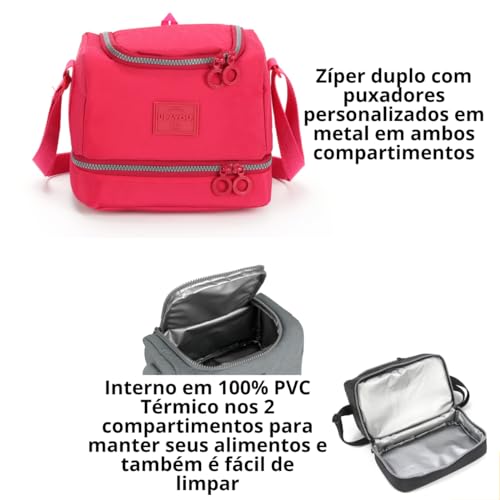 Kit Mochila 4 rodinhas giro 360 graus Lancheira Termica e Estojo Box Chaveiro Pelucia Pink Up4you