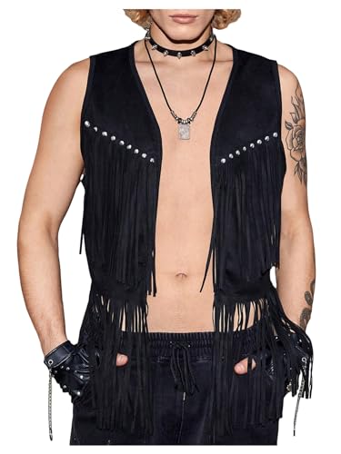 GORGLITTER Men's Fringe Western Vest Open Front Cowboy Vest Jacket 70s Outfits Tassel Tops