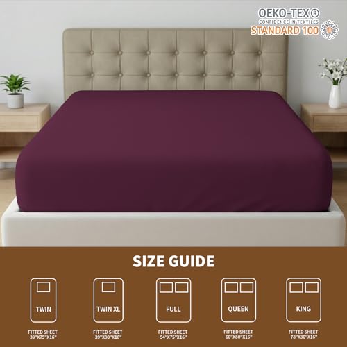 Image of HBHLFZ Queen Fitted Sheet Only, Soft Breathable Bottom Sheet - 60 inchx80 inch Deep Pockets Queen Size Fitted Sheet - All Around Stretch Fit, Wrinkle Resistant, Colorfast - Easy Care, Burgundy
