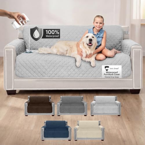 Sofa Shield 100% Waterproof Couch Cover, Patented Slip and Stain Resistant Cushion Protector Straps, US Designed Machine Washable Pet & Dogs Friendly Sofas Slipcover, 70 inch Seat, Light Gray