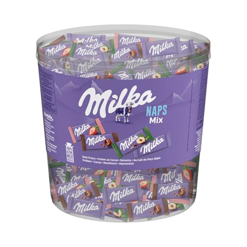 Milka Schokoladentäfelchen, NAPS Mix, Alpenmilch/Haselnuss/Crème au Cacao/Erdbeer, Klarsichtdose, 218 x 4,6 g (1 kg)