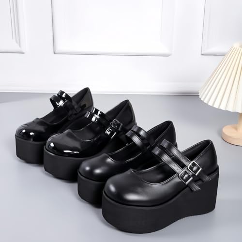 Image of Women's Platform Mary Janes Heart Cat Buckle Rivets Ankle Lolita Gothic Princess Platform Pumps Patent Leather Thorn Vintage Traditional Embroidery Upper Dress Shoes