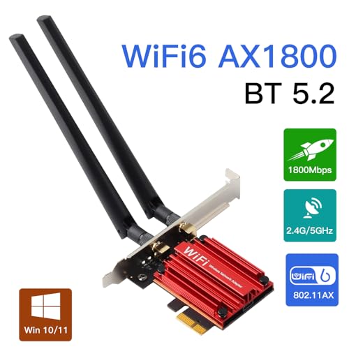 Tarjeta WiFi 6 PCIe con Bluetooth 5.2, AX1800 de banda dual 2.4G/5G para escritorio | Chip MT7921, compatible con Windows 10/11, baja latencia para juegos y transmisión 4K, antena de alta ganancia y seguridad WPA3 miniatura 2