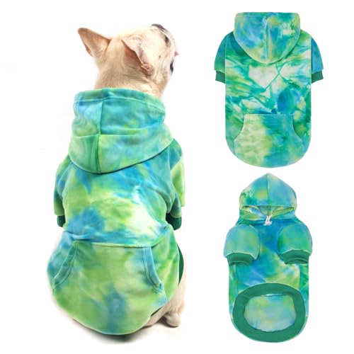PAWCHIE Dog Hoodie for Small Dogs,Tie Dye Dog Cloth with Leash Hole,Puppy Sweatshirt, Pet Outfit, Cat Apparel,Blue Green,XS