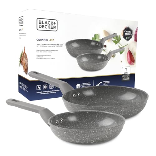 BLACK+DECKER JOGO DE FRIGIDEIRAS 2 PEÇAS 18CM E 22CM CERAMIC LINE - CORPO COM REVESTIMENTO CERÂMICO ANTIADERENTE E EXTERIOR NA COR CINZA E BASE COMPATÍVEL COM INDUÇÃO - GREY MARBLE