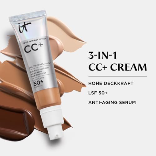 IT Cosmetics Your Skin But Better CC Cream LSF 50+, 32 ml, Hochpigmentierte Mehrzweck-Creme mit LSF 50, Getönte Anti-Aging-Tagescreme, Foundation, Concealer & Pflege in einem, Farbton Light